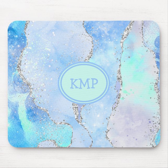 Blå Grönt Silver Glitter Marble Swirl Monogram Musmatta (Framsidan)