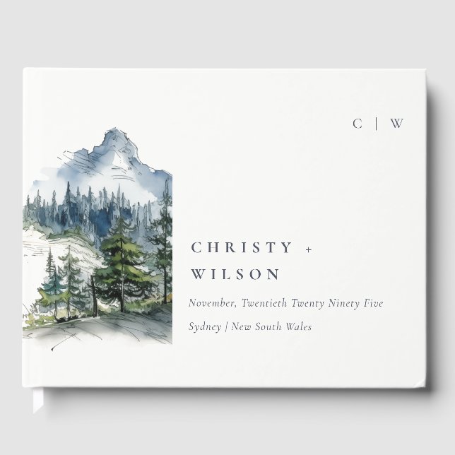Blå Grönt Skogen Mountain Ligcape Sketch Bröllop Gästböcker (Framsida)