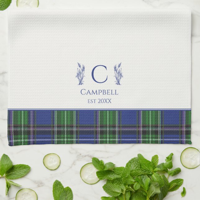 Blå Grönt Tartan Play Personlig Namn Monogram Kökshandduk (Vikta)