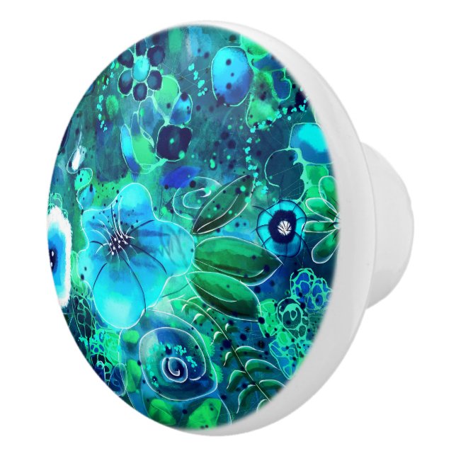 Blå Grönt Teal Blommigt Abstrakt Blommor Knopp (Höger)