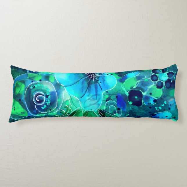 Blå Grönt Teal Blommigt Abstrakt Blommor Kroppskudde (Framsidan)