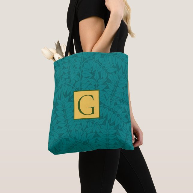 Blå Grönt, Teal Botanical Löv Mönster Tygkasse (Närbild)