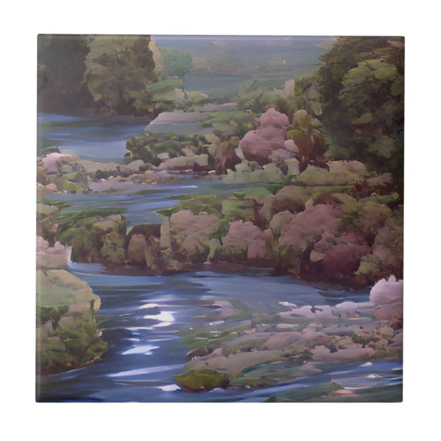 Blå grönt träd-skogar digital konst kakelplatta (Framsidan)