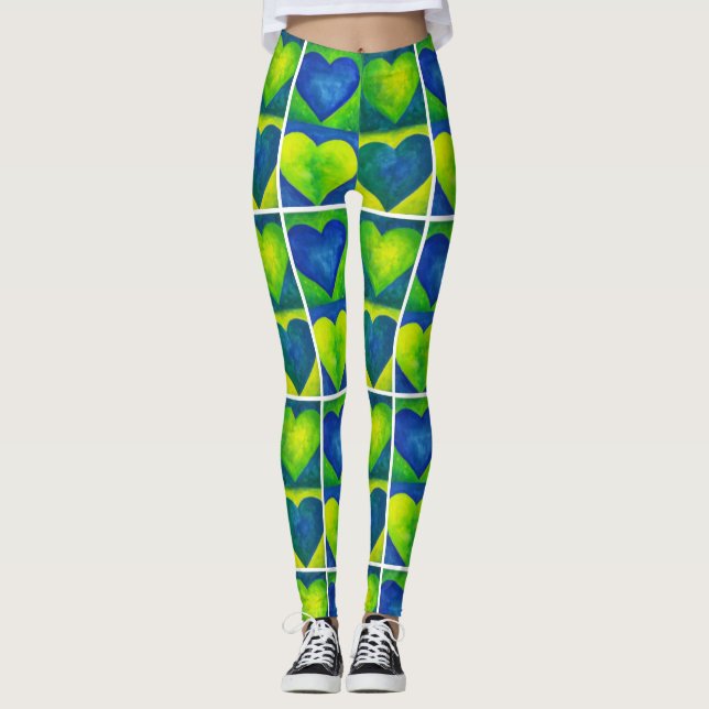 Blå Grönt Vattenfärghjärter Art Kärlek Heart Skriv Leggings (Framsida)