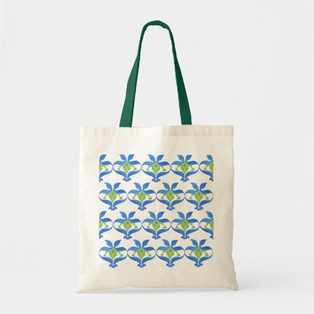 Blå Grönt Vit Art nouveau Mönster Tote Bag Tygkasse (Framsidan)