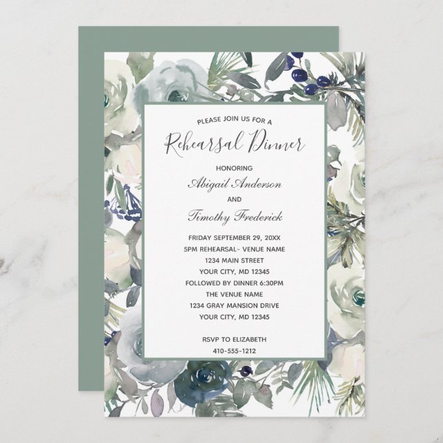 Blå Grönt Vit Blommigt Elegant Rehearsal Dinner I Inbjudningar (Fram/baksida)