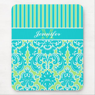 Blå Grönt Vit stripe Damask Monogram Mousepad Musmatta