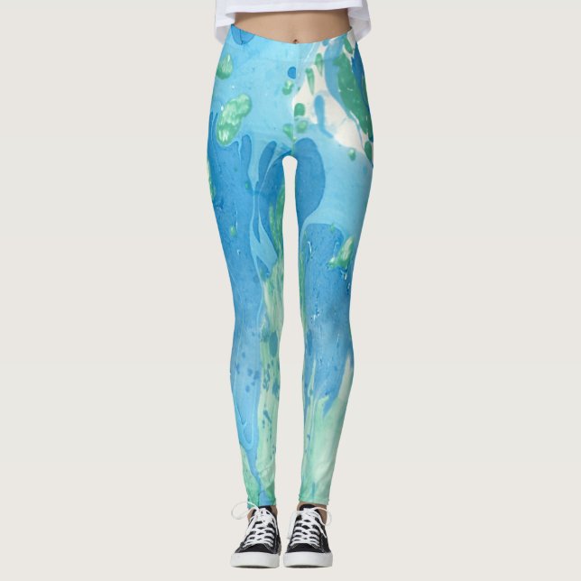 Blå Grönt Vit Trendig Modern Abstrakt-mall Leggings (Framsida)