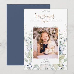 Blå Grönt Vit VINS-Blommigt Fotojul - jul Inbjudningar