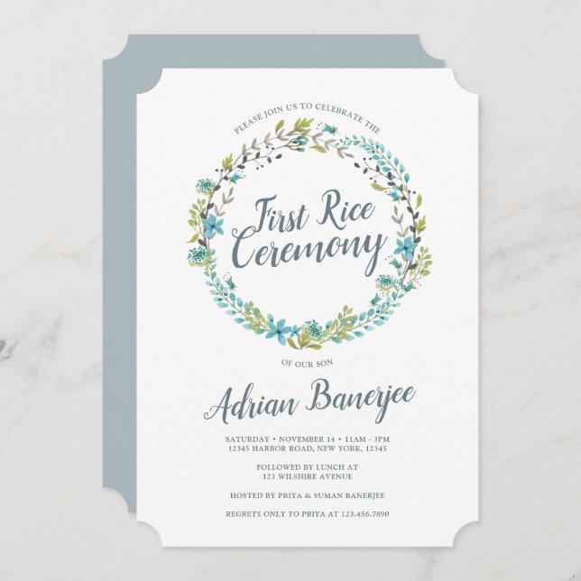 Blå Grönt Wandeys First Ris Ceremony Inbjudningar (Fram/baksida)