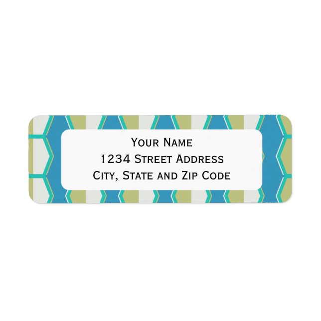Blå Grönten Hexagon Retro 70's Mönster Returadress Etikett (Framsidan)