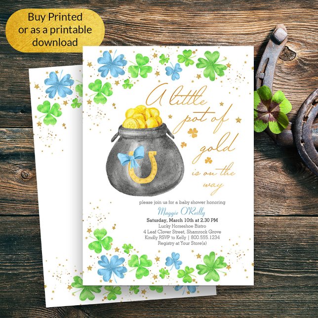 Blå Grönten Shamrock Baby Shower, liten del av Gul Inbjudningar (Boy Baby Shower Lucky Irish Themed Invitation)