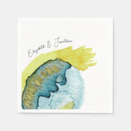 Blå Gul Abstrakt Akvarell Konst Unikt Bröllop Pappersservett