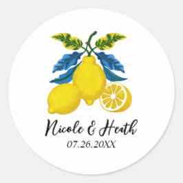 Blå Gul Akvarell Medelhavsbröllop Citron Runt Klistermärke