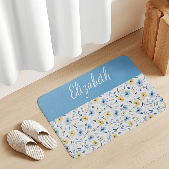 Blå Gul Akvarell Vildblomma Monogram Namn Badrumsmatta (Skapare uppladdad)