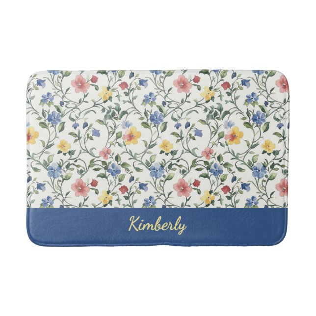 Blå Gul Akvarell Vildblomma Monogram Namn Badrumsmatta (Framsidan)