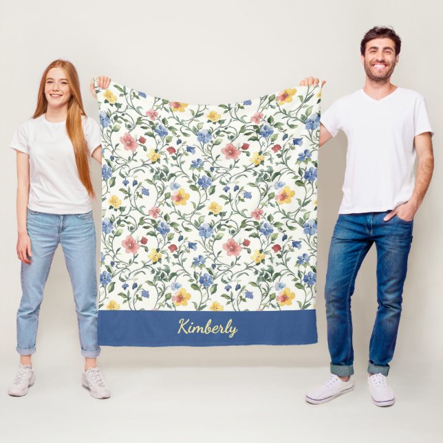 Blå Gul Akvarell Vildblomma Monogram Namn Fleecefilt (På plats)