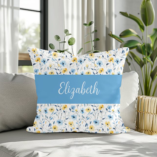 Blå Gul Akvarell Vildblomma Monogram Namn Kudde (Skapare uppladdad)