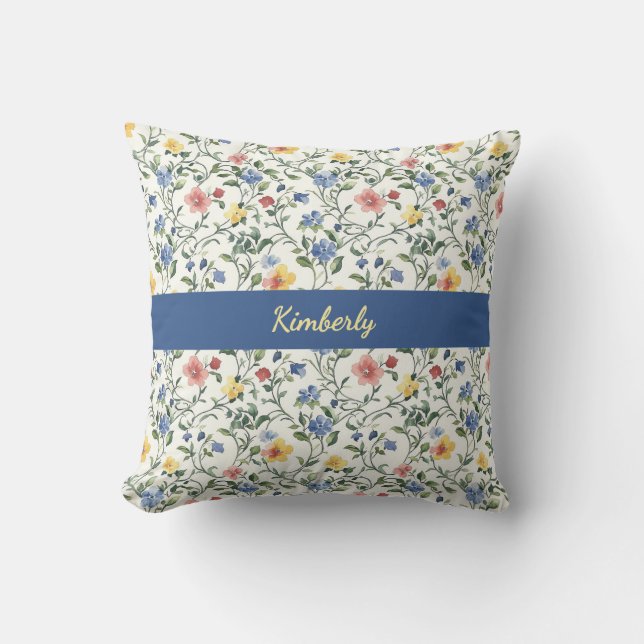 Blå Gul Akvarell Vildblomma Monogram Namn Kudde (Framsida)