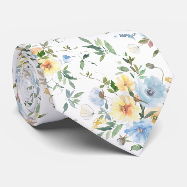 Blå Gul Blommig Akvarell Slip Slips (Rullad)
