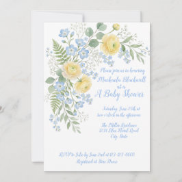Blå Gul Blommig Baby Shower Inbjudan