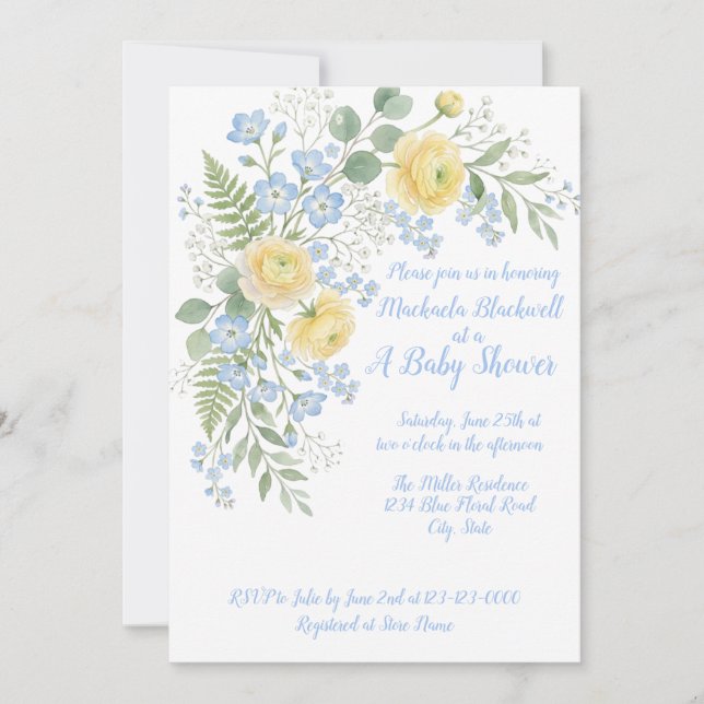 Blå Gul Blommig Baby Shower Inbjudan (Framsida)