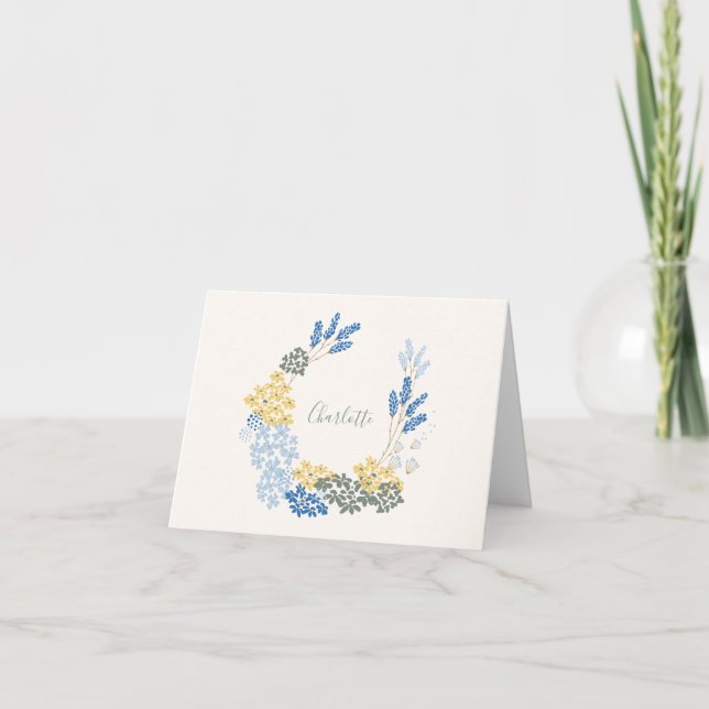 Blå Gul Blommig Krans Personlig Brevpapper Tack Kort (Framsida)