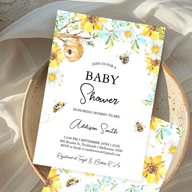 Blå Gul Blommig Mamma Till Bi Babyfirande Inbjudningar (Boys Mommy-To-Bee Bee Themed Baby Shower Invitation Floral Bumble Bee baby Shower Invite, Honey Bee)