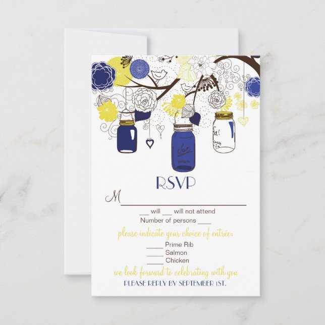 Blå & Gul Blommig Mason Jars RSVP Bröllopskort OSA Kort (Framsida)