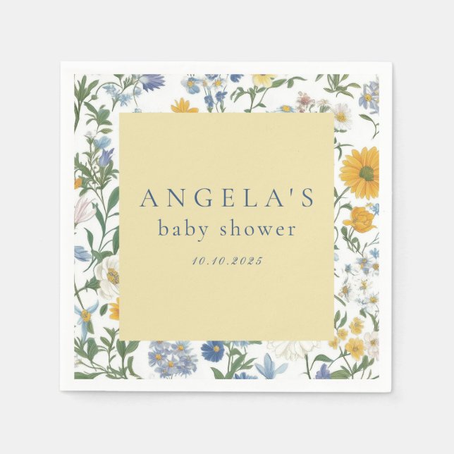 Blå & Gul Blommig Rustik Bebis Shower Pappersservett (Framsidan)