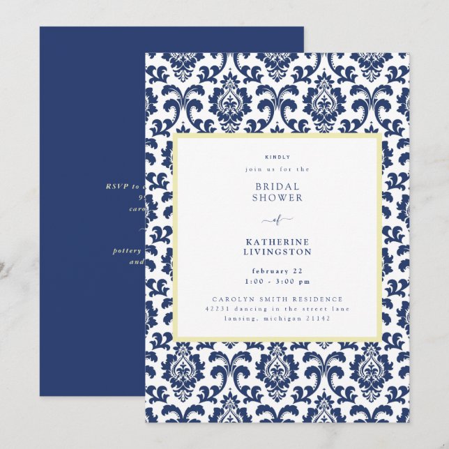 Blå & Gul Damast Bröllopsfest Inbjudan (Fram/baksida)