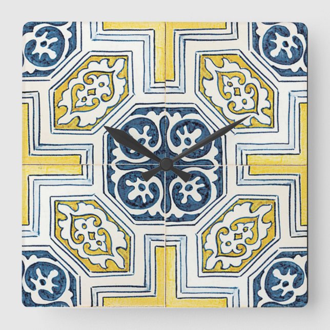 Blå Gul Geometrisk Blommig Kakelkonst Fyrkantig Klocka (Framsida)
