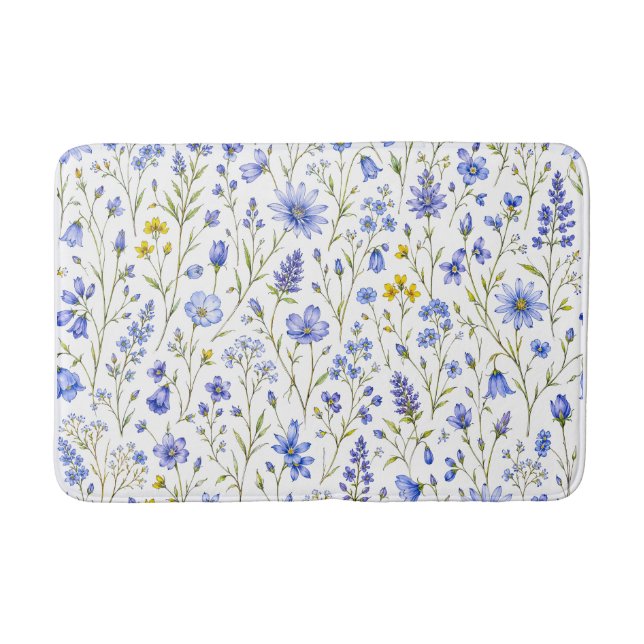 Blå Gul Grön Akvarell Vildblommamönster Badrumsmatta (Framsidan)