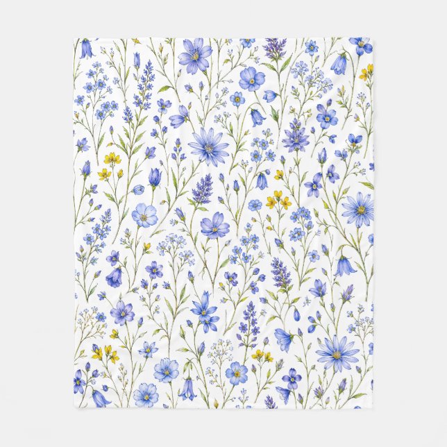 Blå Gul Grön Akvarell Vildblommamönster  Fleecefilt (Framsidan)