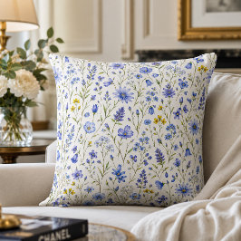 Blå Gul Grön Akvarell Vildblommamönster Kudde