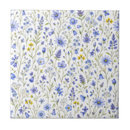 Blå Gul Grön Akvarell Vildblommig Mönster Kakelplatta