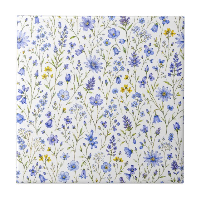 Blå Gul Grön Akvarell Vildblommig Mönster Kakelplatta (Framsidan)