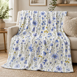 Blå Gul Grön Akvarell Vildblommor Mönster  Fleecefilt