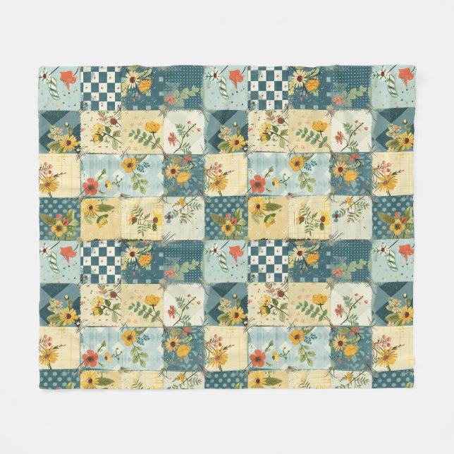 Blå Gul Grön Quilt Lappteknik Gingham Blommig Fleecefilt (Framsidan (Horisontell))