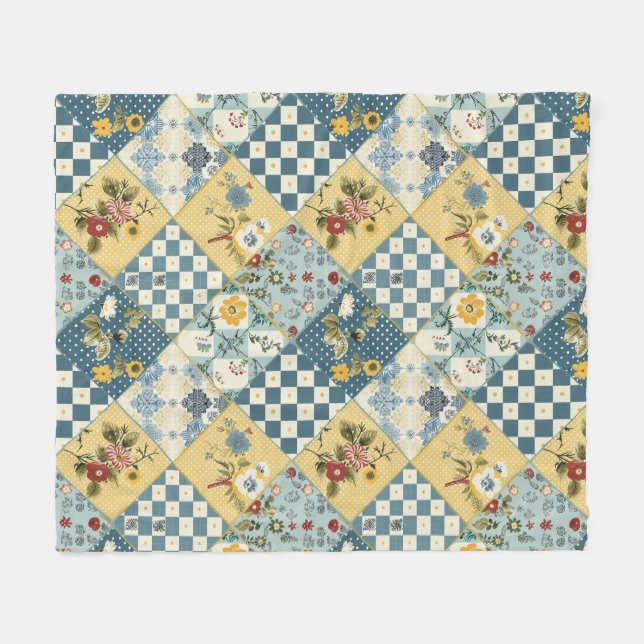 Blå Gul Grön Quilt Lappteknik Gingham Blommig Fleecefilt (Framsidan (Horisontell))