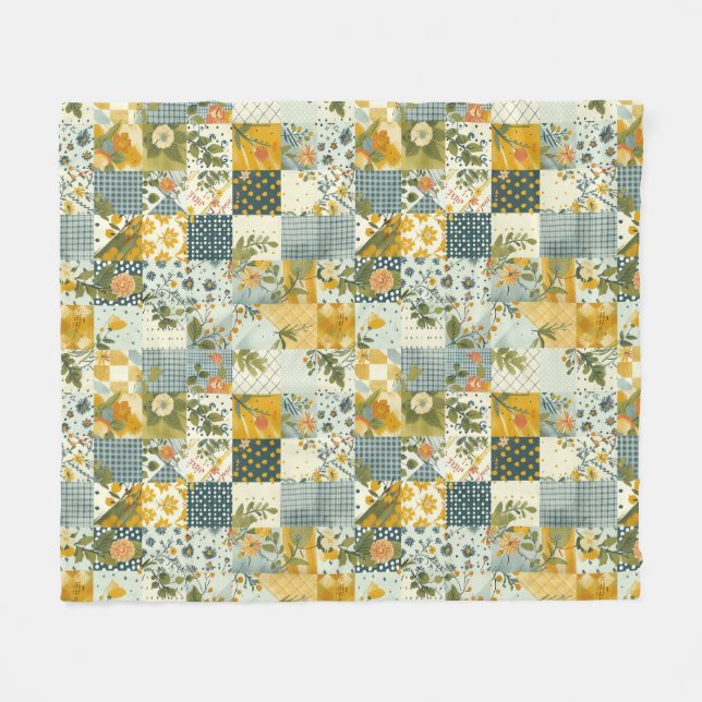 Blå Gul Grön Quilt Lappteknik Gingham Blommig Fleecefilt (Framsidan (Horisontell))