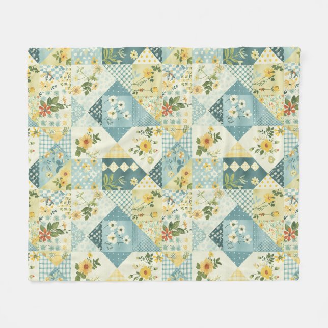 Blå Gul Grön Quilt Lappteknik Gingham Blommig Fleecefilt (Framsidan (Horisontell))