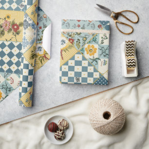 Blå Gul Grön Quilt Rutig Cottagecore Blommig Presentpapper