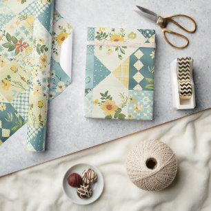 Blå Gul Grön Quilt Rutig Cottagecore Blommig Presentpapper