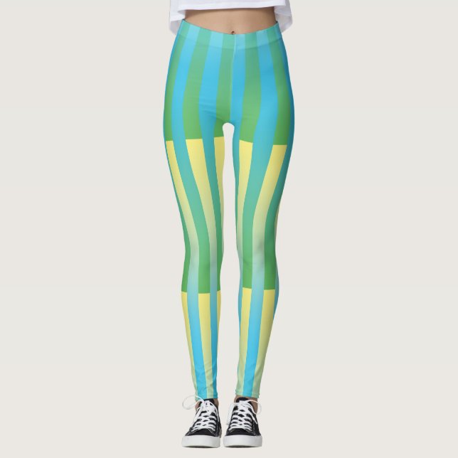 Blå Gul Grön Randig Mönster Leggings (Framsida)