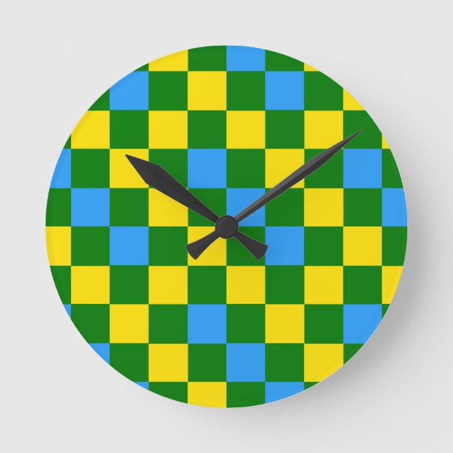 Blå Gul Grön Rutig Mönsterdesign  Rund Klocka (Framsida)