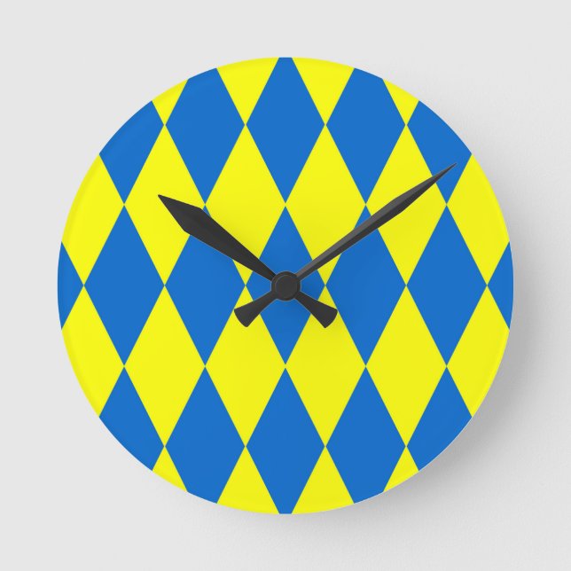 Blå Gul Harlekin Rutig Design  Rund Klocka (Framsida)