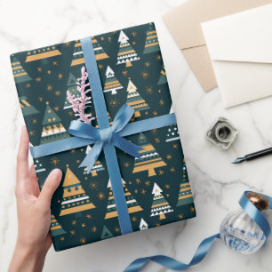 Blå Gul Julgran Mönster Julpresent Presentpapper