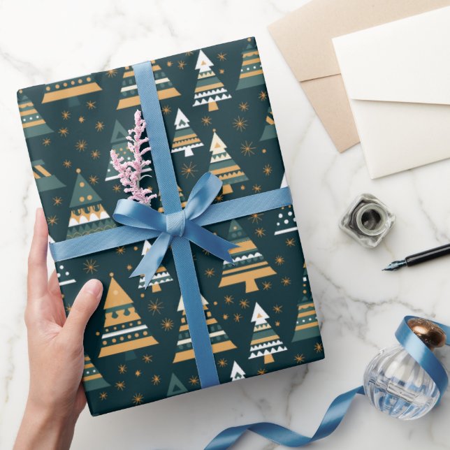 Blå Gul Julgran Mönster Julpresent Presentpapper (Gifting)