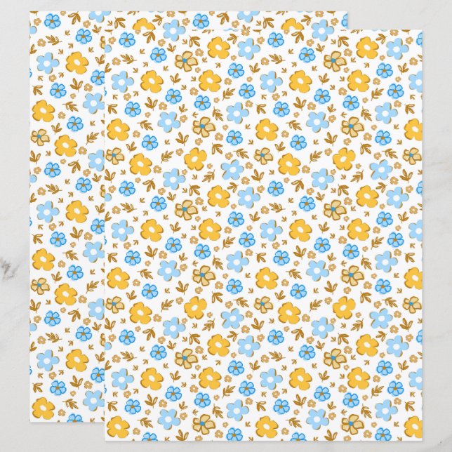 Blå Gul Landsby Vår Blommig Scrapbookpapper (Fram/baksida)